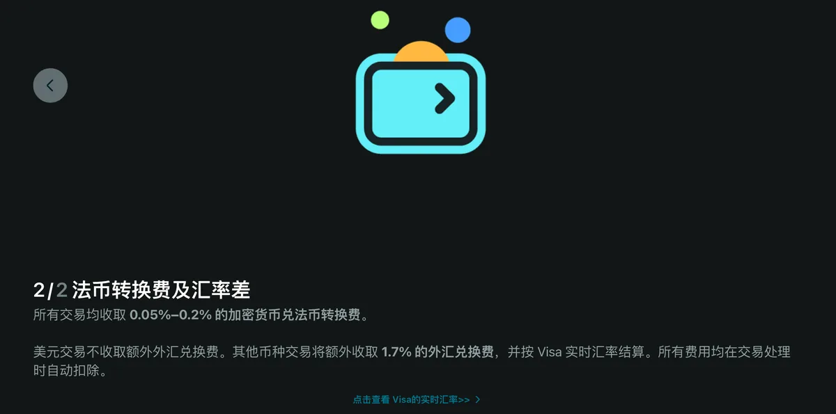 Bitget Wallet 卡片相关费用页第二屏截图，转换费 0.05%–0.2%、外汇兑换费 1.7%